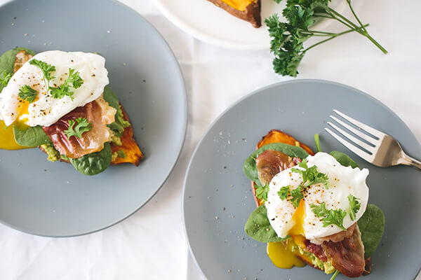 Roasted Sweet Potatoes, Avocado, and Poached Eggs
